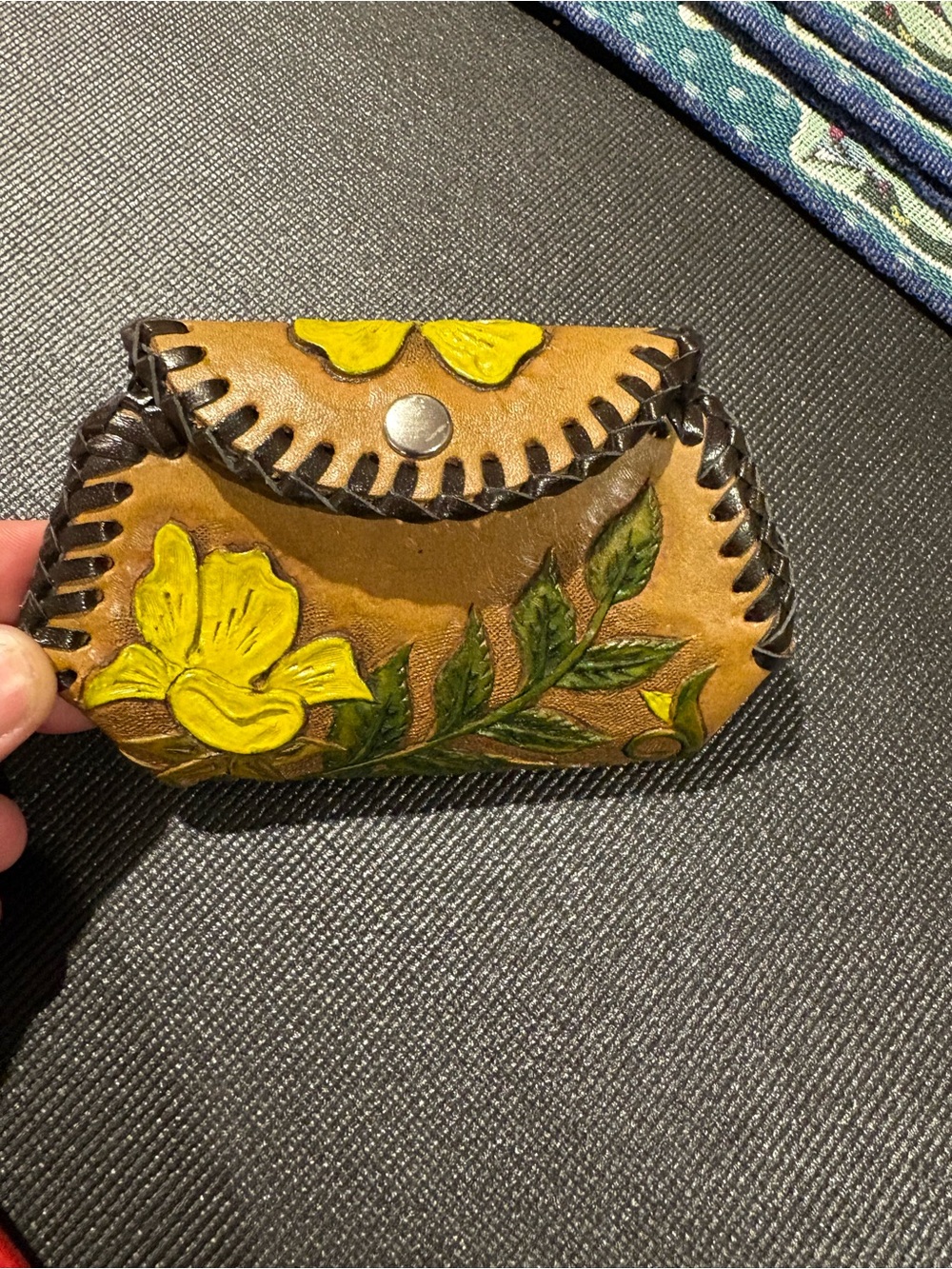 Hand-Tooled Brown Leather Coin Purse with Yellow Floral Design